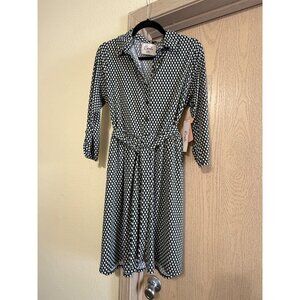 Remplie Geometric Print Shirt Dress ,Size Large , Black & White, Tie Waist, New